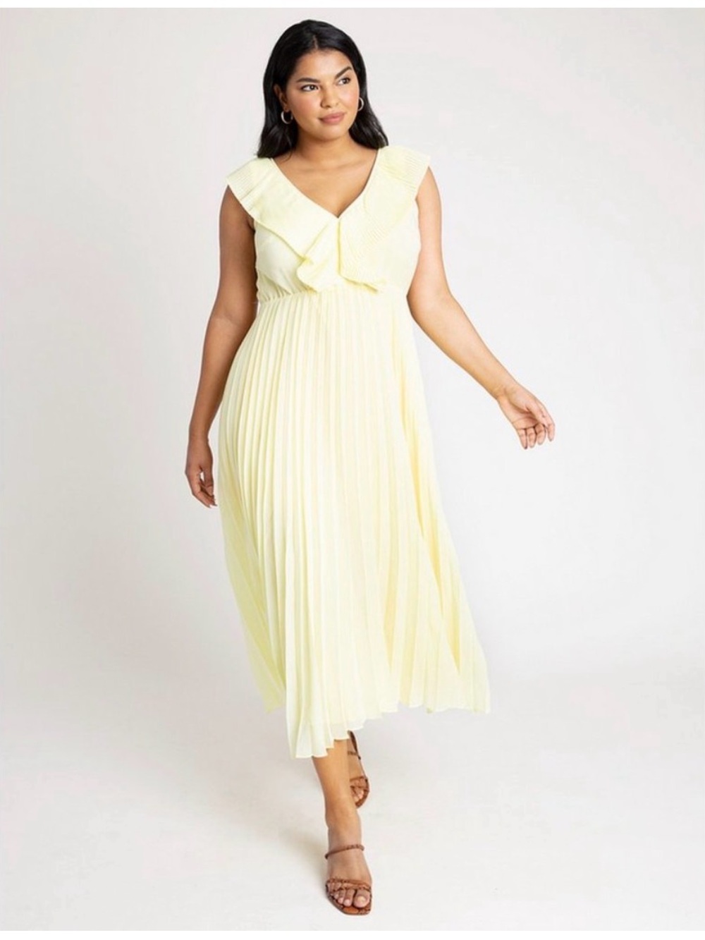 Eloquii Yellow Pleated V-Neck Midi Dress Size 24